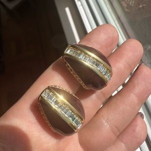 EA 53 VTG St. John earrings maroon enamel & crystal w/ yellow gold plate accent